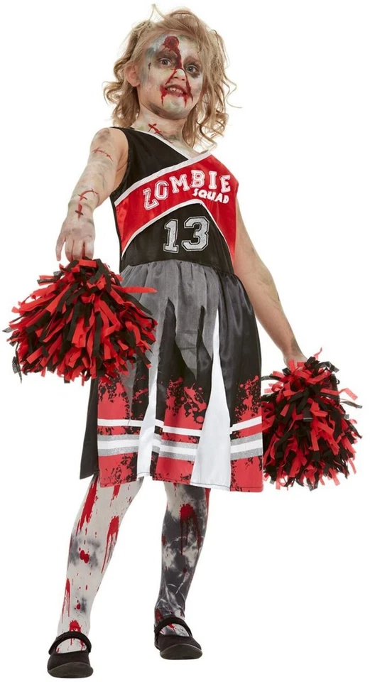 Girls Zombie Cheerleader Costume Fancy Dress Halloween + Pom Poms - Image 1 of 1
