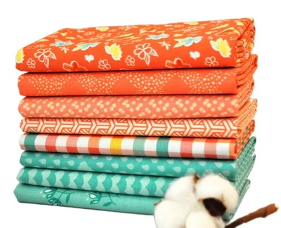 Paquete de tela de diseñador coral y verde azulado 8 cuartos de grasa, 2 yardas en total, 100 % algodón Foto 1 de 2