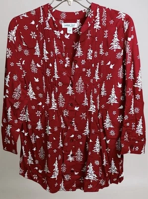 Blusa para mujer Coldwater Creek talla PL roja estampado navideño manga 3/4 Foto 1 de 2