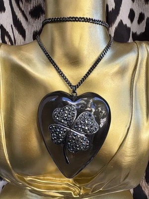 Betsey Johnson Vintage Four Leaf Clover HUGE Gray Lucite Lucky Heart Necklace - Image 1 of 4