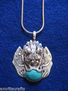 TIBETAN BUDDHISM SILVER DRAGON IN FLAMES POWER PENDANT INDIA - Picture 1 of 3