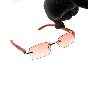 Gold Frame Rimless Red Tint Woodgrain Shades Men's Hip Hop Sunglasses - Picture 1 of 6