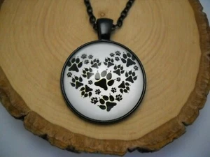 Animal Paw Heart Cabochon Glass Pendant with Black Chain Necklace Jewelry - Picture 1 of 2