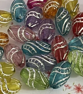 100 x Mixed Colour Silver Stripe Acrylic Oval Tube Beads 8X13mm - Picture 1 of 4