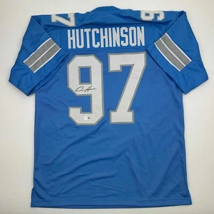 Autographed/Signed Aidan Hutchinson Detroit Blue Current Jersey Beckett BAS COA - Picture 1 of 4