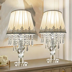 Siljoy Crystal Table Lamp Set of 2, Dimmable Bedside Lamp with Fabric Shades,... - Picture 1 of 9