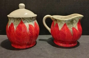 Everyday Gibson Green & Red Leaves Creamer or Sugar Bowl Hand Painted Poinsettia - Picture 1 of 32