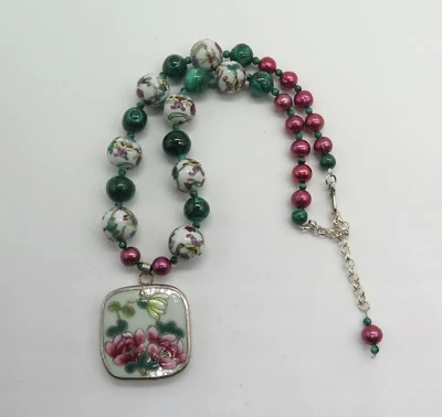  Красивый китайский фарфор, малахит и жемчуг бусина ожерелье  - Изображение 1 из 4