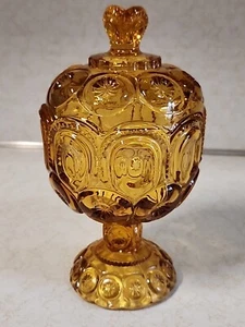 Vintage LE Smith Amber Moon and Stars Glass Pedestal Compote/Candy Dish 8 1/4" - Picture 1 of 5