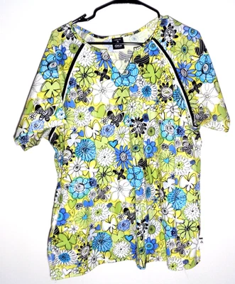 Women's Yellow/Green Scrub w/Flowers, Hearts, Butterflies by Cherokee- XL - Image 1 of 4