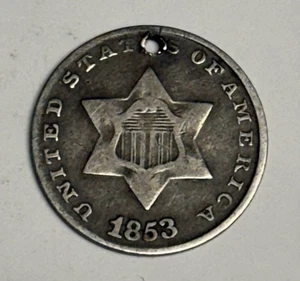 VG 1853 Three Cent Silver Trime (holed), U.S. 3c Type Coin - Picture 1 of 2