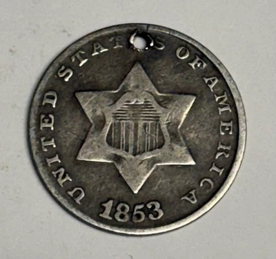 VG 1853 Three Cent Silver Trime (holed), U.S. 3c Type Coin - Image 1 of 2