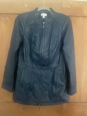 Denim & Company Navy Blue Leather Jacket Size XS Zipper Pockets - Image 1 of 4