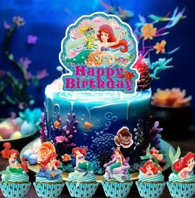 Topper de pastel de cumpleaños de La Sirenita y 12 selecciones cupcakes decoración de fiesta Disney Foto 1 de 2