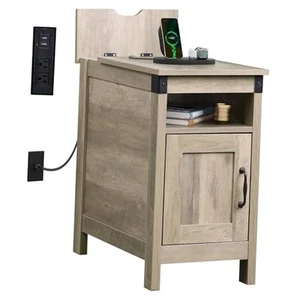 Farmhouse End Table with Charging Station, Narrow Side Table for Living Room, - Picture 1 of 7