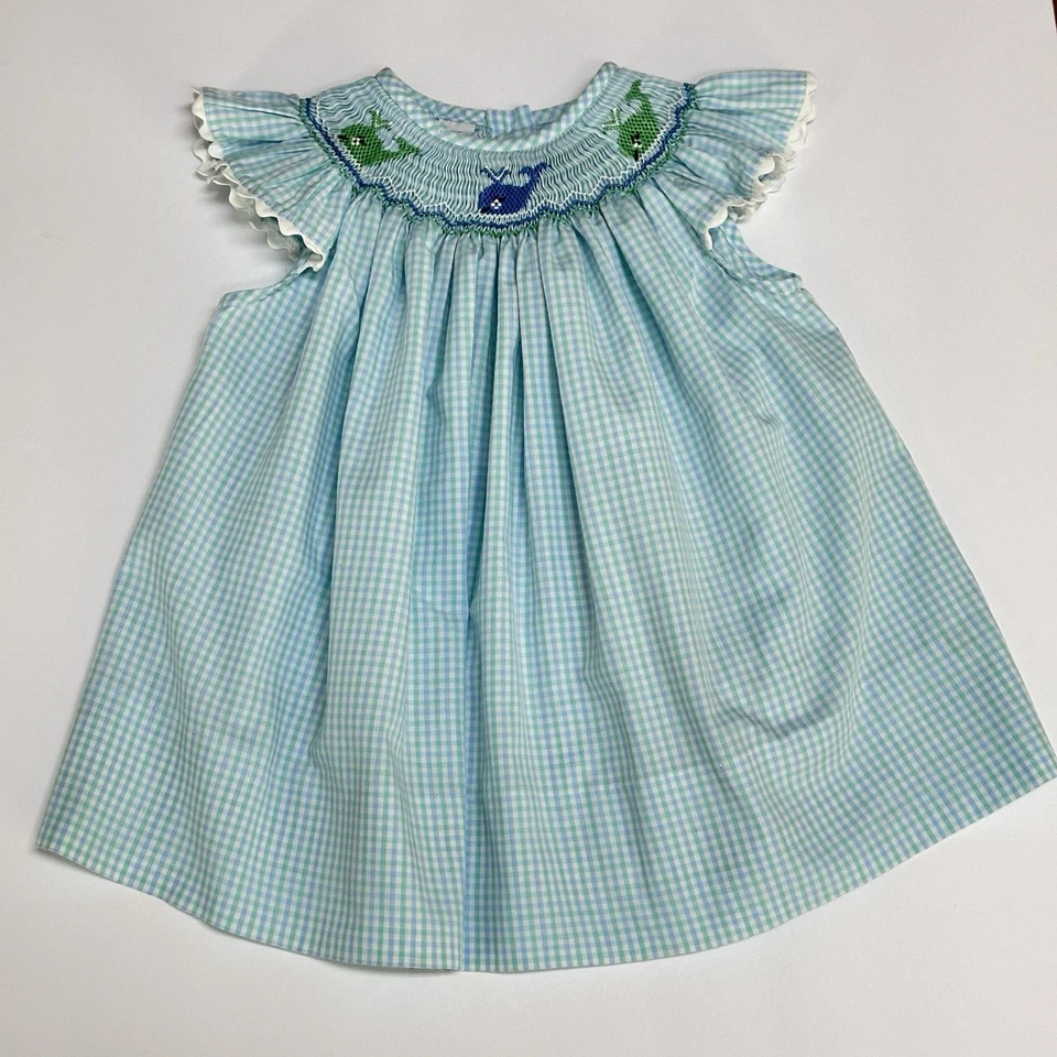 Vestido Amanda Remembered Smocked Whales 12m Boutique Azul Verde Gingham Check Muito Bom Estado Usado - Imagem 1 de 4