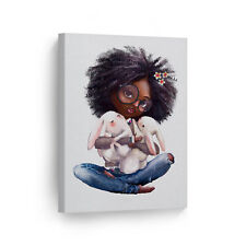Curly Girl Afro African American Kid Cuddle Bunnies Canvas Wall Art Print