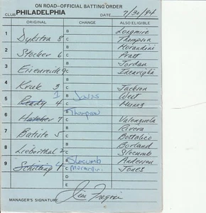 7-30-94 Philadelphia Phillies Game Used Umpire Lineup Card - Curt Schilling - Picture 1 of 1