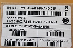 SYMBOL ML-2499-PNAHD-01R 2.4-2.5 GHZ 7.5 dBi PANEL ANTENNA S.T.I. S2407MPAS48RBN - Picture 1 of 6