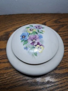 Round Lidded Trinket Box with Pansy Design Lid 5 3/8'' W - Picture 1 of 9