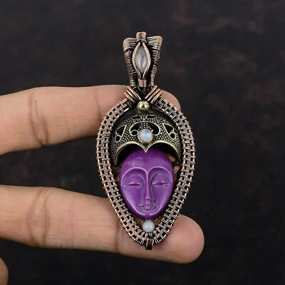 Women Day Gift Purple Carved Stone Copper Wire Wrapped Pendant For Women 3.23" - Image 1 of 4