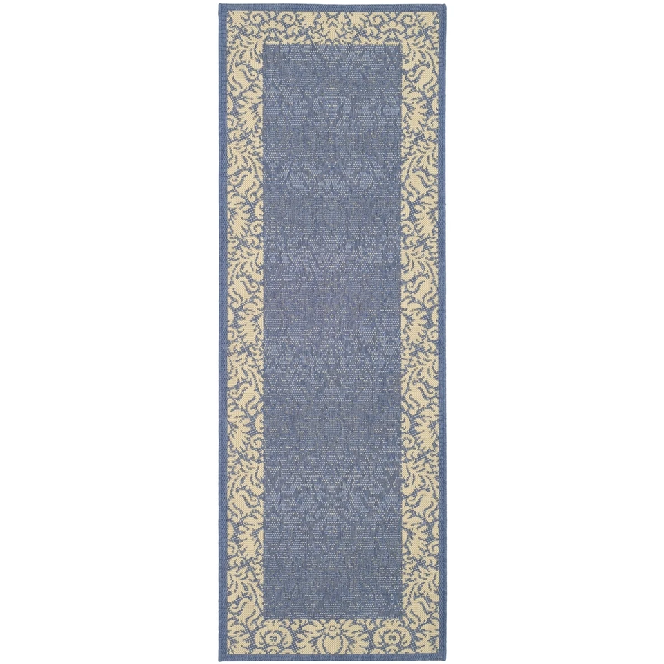 Blue/Natural Floral Indoor/Outdoor Rug 2' 3 x 12' Runner - Image 1 of 1
