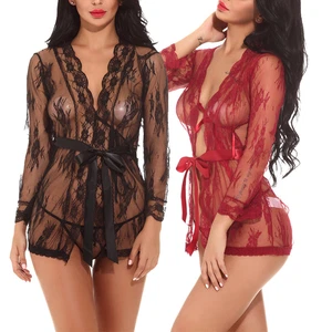 Sexy Para Mujer Encaje Transparente Kimono Bata Lencería Mini Babydoll Ropa de dormir Vestido de dormir - Imagen 1 de 25
