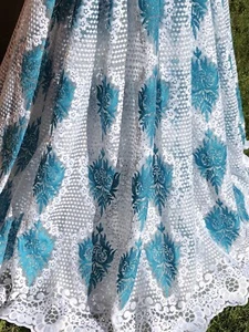 Beautiful Embroidered Teal Color Lace Fabric. Rhinestones Beaded  Lace, BTY - Picture 1 of 7
