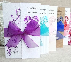 50 Gatefold Wedding Invitations - Personalised - Loads of  Ribbon colours - Picture 1 of 11