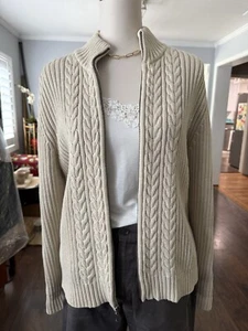 Vintage Lands End Sweater Womens Med Oatmeal Cable Knit Cardigan Full Zip Japan - Picture 1 of 6