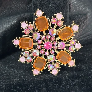 Vintage irisierende rosa + orange Strass 2" Blume Schneeflocke Brosche Anstecknadel - Bild 1 von 7