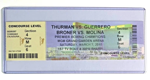 Keith Thurman vs Robert Guerrero Ticket stub w Hard Plastic Holder Adrien Broner Cover