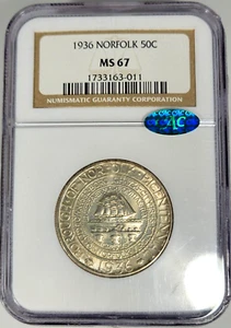 1936 Norfolk 50C Half Dollar Commemorative, NGC MS 67 CAC - GORGEOUS! - Picture 1 of 2