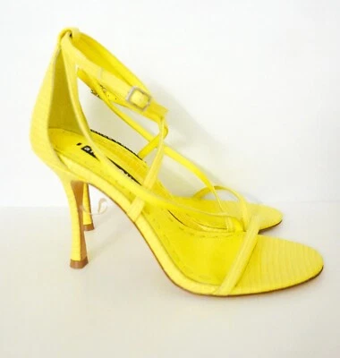 Alice & Olivia Deidra Neon Yellow Mock Lizard Leather Sandals Heels New - Image 1 of 4