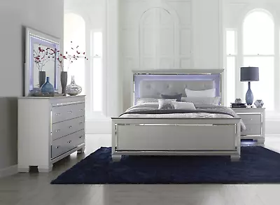 NEW Silver Gray Light LED Queen King 4PC Bedroom Set Modern Furniture Bed/D/M/N - Image 1 of 4