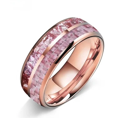 6/8MM Men Women Tungsten Carbide Ring Band Dome Pink Morganite Pink Carbon Fibe - Image 1 of 4