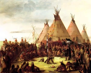 Sioux War Council George Catlin Indians Tipis 1850 Painting Poster Print CANVAS - Picture 1 of 3