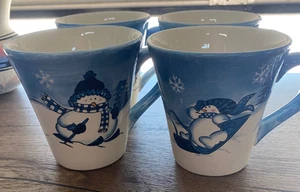 Hidden Valley Hand Painted Cambridge Potteries 4 Snowman Sledding Mugs - Picture 1 of 4