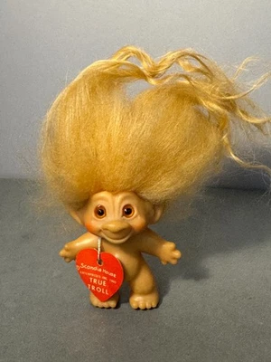 Винтажная кукла-тролль Scandia House с биркой, вставкой из длинных волос с янтарными глазами - Изображение 1 из 4