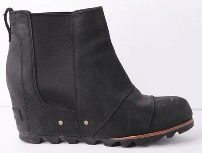 Sorel Women Lea Ankle Boot Sz 7.5 Black Nubuck Leather Wedge Heel Elastic Gores - Image 1 of 4