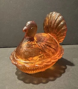 Vintage Glass Turkey Nesting Candy Dish Amber Orange Lid Collectable - Picture 1 of 4