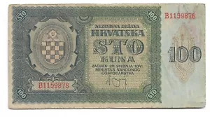 100 Kuna 1941. Croatia banknotes Ustasha Ndh WW2, Croatia, Germany, Italy ! - Picture 1 of 2