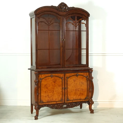 Stunning French Breakfront China Cabinet in Mahogany and Burl with LED lights Cover