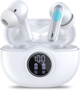 Wireless Earbud, Bluetooth 5.3 Headphones Deep Bass with 4 HD Mics, Snow White - Picture 1 of 7