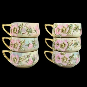 O&EG Royal Austria Pink Flower Set Of 7 Cups Signed Frizard - Picture 1 of 9