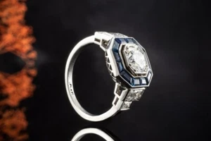 Art Deco Ring mit Brillant Diamanten und Saphir 2,25 Ct in Platin Arbeit Schmuck - Bild 1 von 7