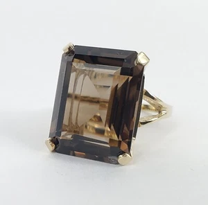 14k Yellow Gold 20ctw Emerald Cut Smoky Quartz Solitaire Cocktail Ring 7.75'' - Picture 1 of 9