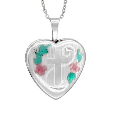 Argento Sterling Croce Verde & Smalto Rosa Cuore Medaglione Pendente, 18 " A - Immagine 1 di 3