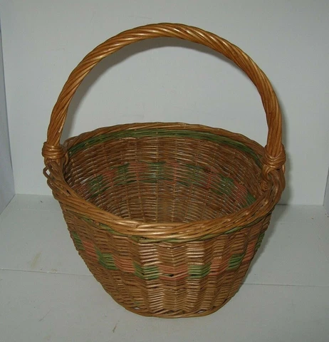 Vintage ALL Woven Round GATHERING BASKET w/Green Stripe in Weave  Country 14"T D Cover