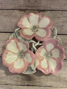 THREE SECTION DISH NAPPY BOWL PINK WHITE GRAY FLOWERS CERAMIC SIGNED 11” - Picture 1 of 7